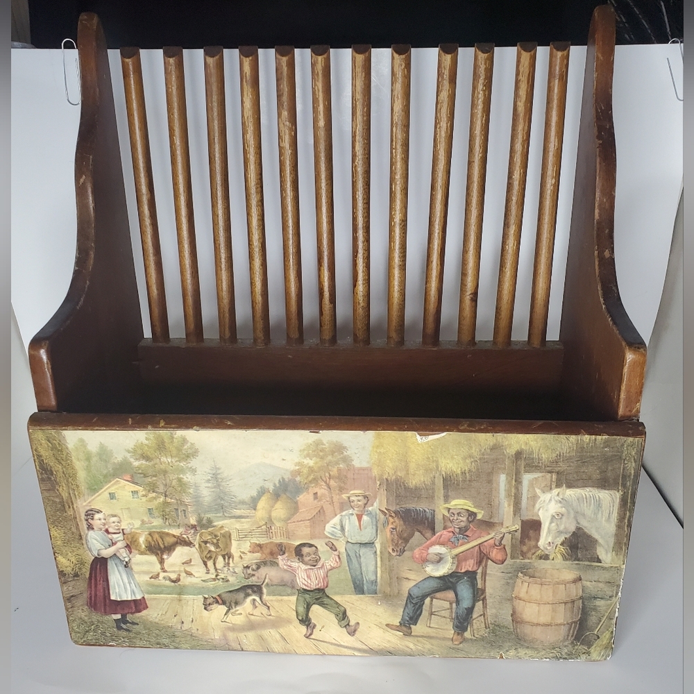 Vintage Wooden Magazine Rack with Farm Scene: Ives & Currier, The Old Barn Floor